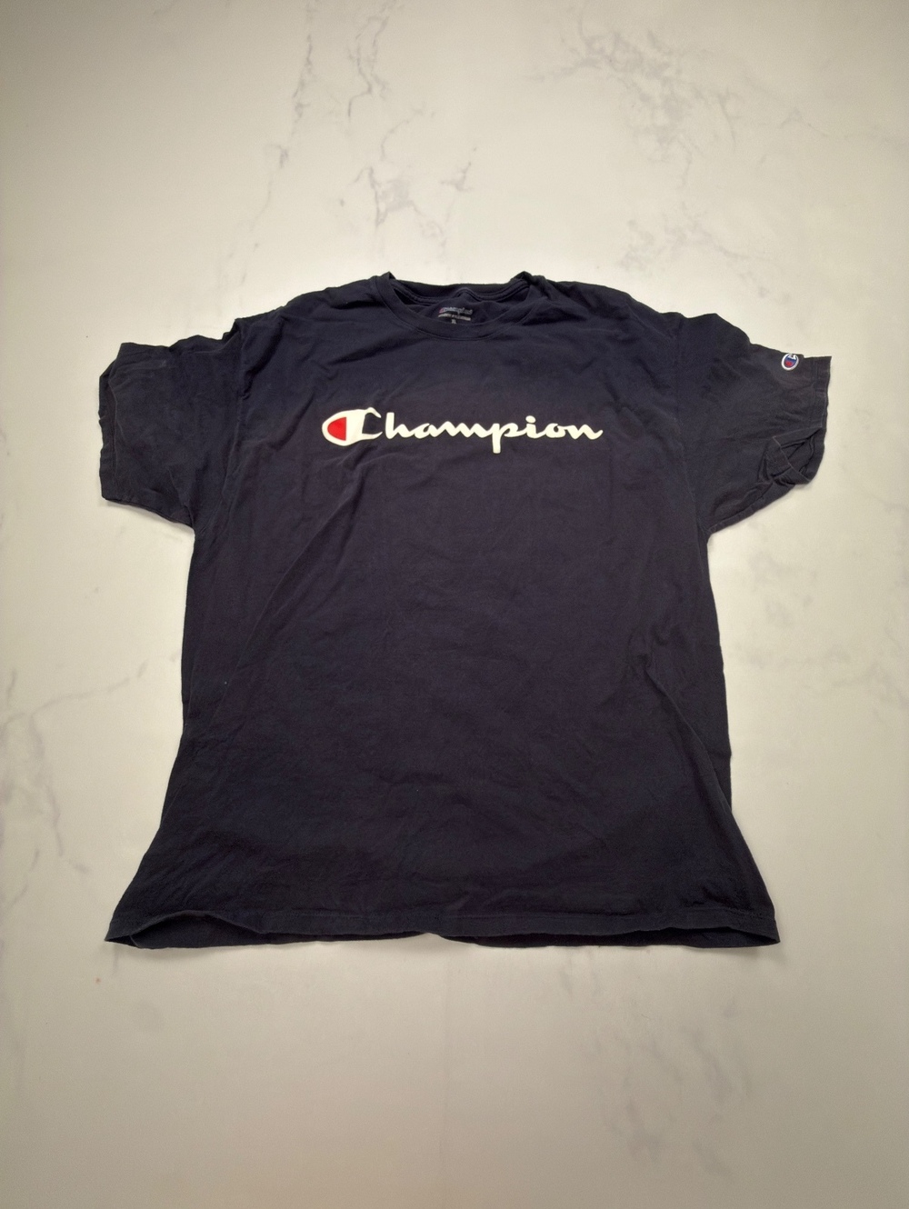 Champion Logo Text Black T Shirt 90s Classic Style - Mens XL